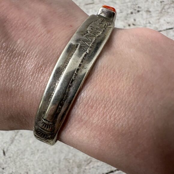 Vintage Kachina Native American Raise Coral Turquoise Sterling CJ Cuff Bracelet - Picture 2 of 10